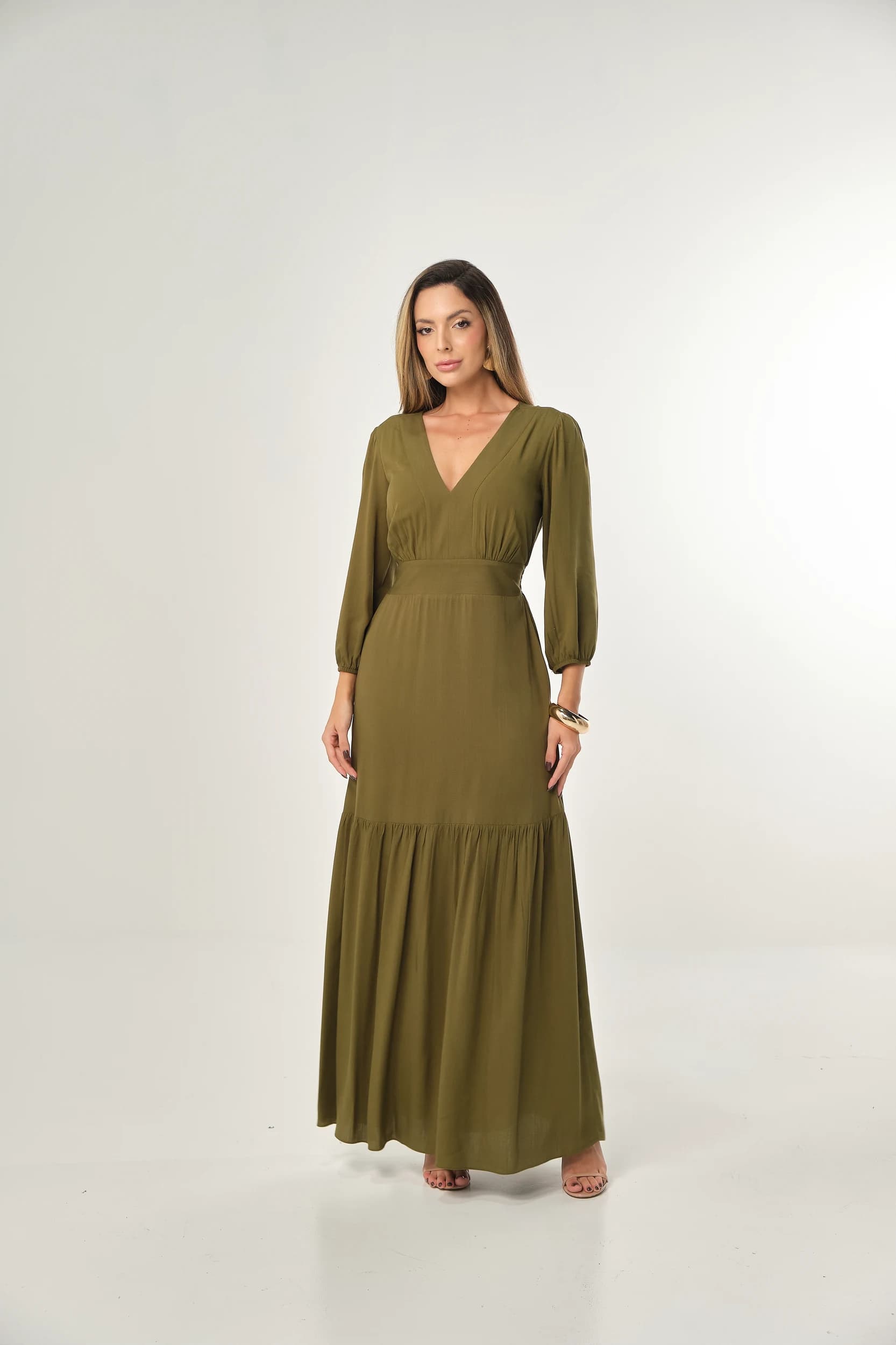 Vestido Longo Com Manga 3/4 Em Viscose