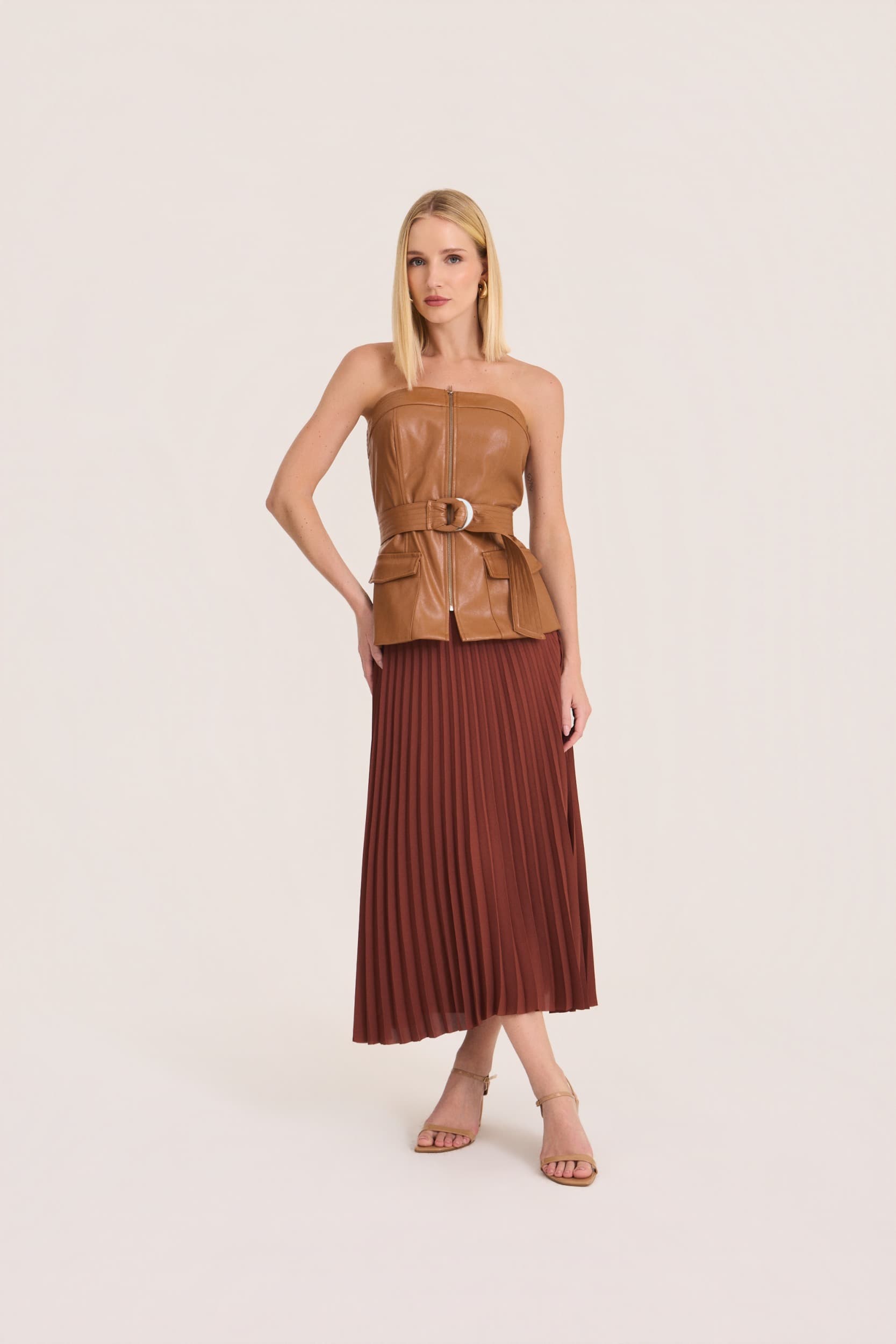 Saia Midi Plissada Em Crepe
