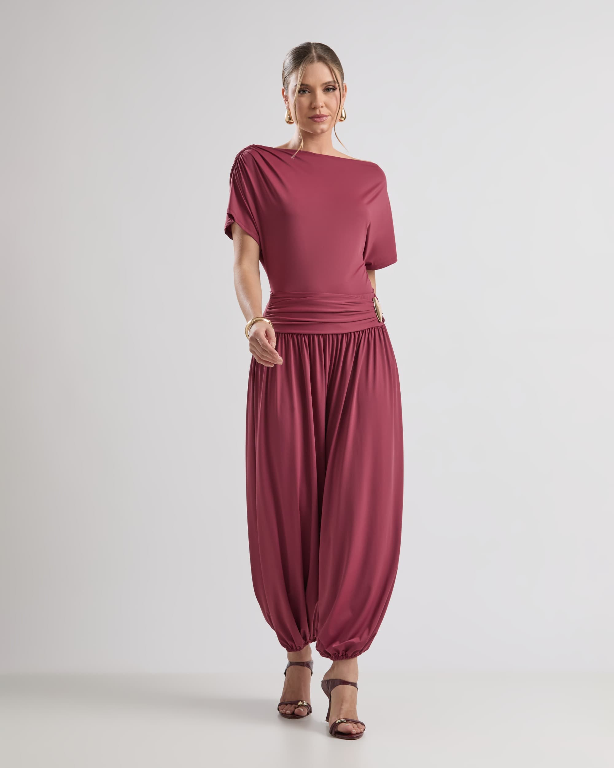 Conjunto De Blusa Franzida E Calça Harem