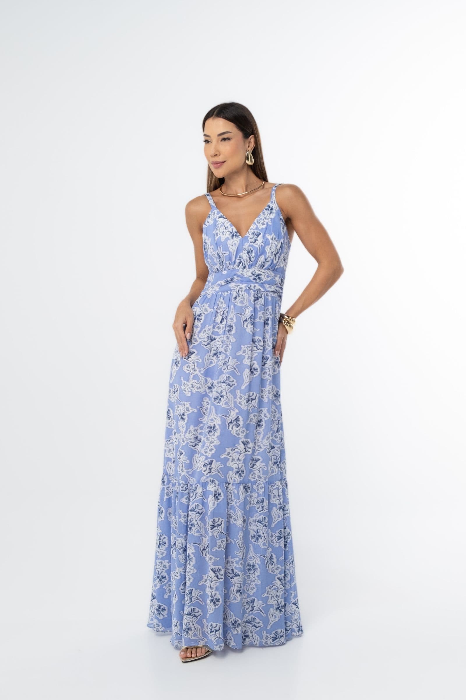 Vestido longo estampado com maria