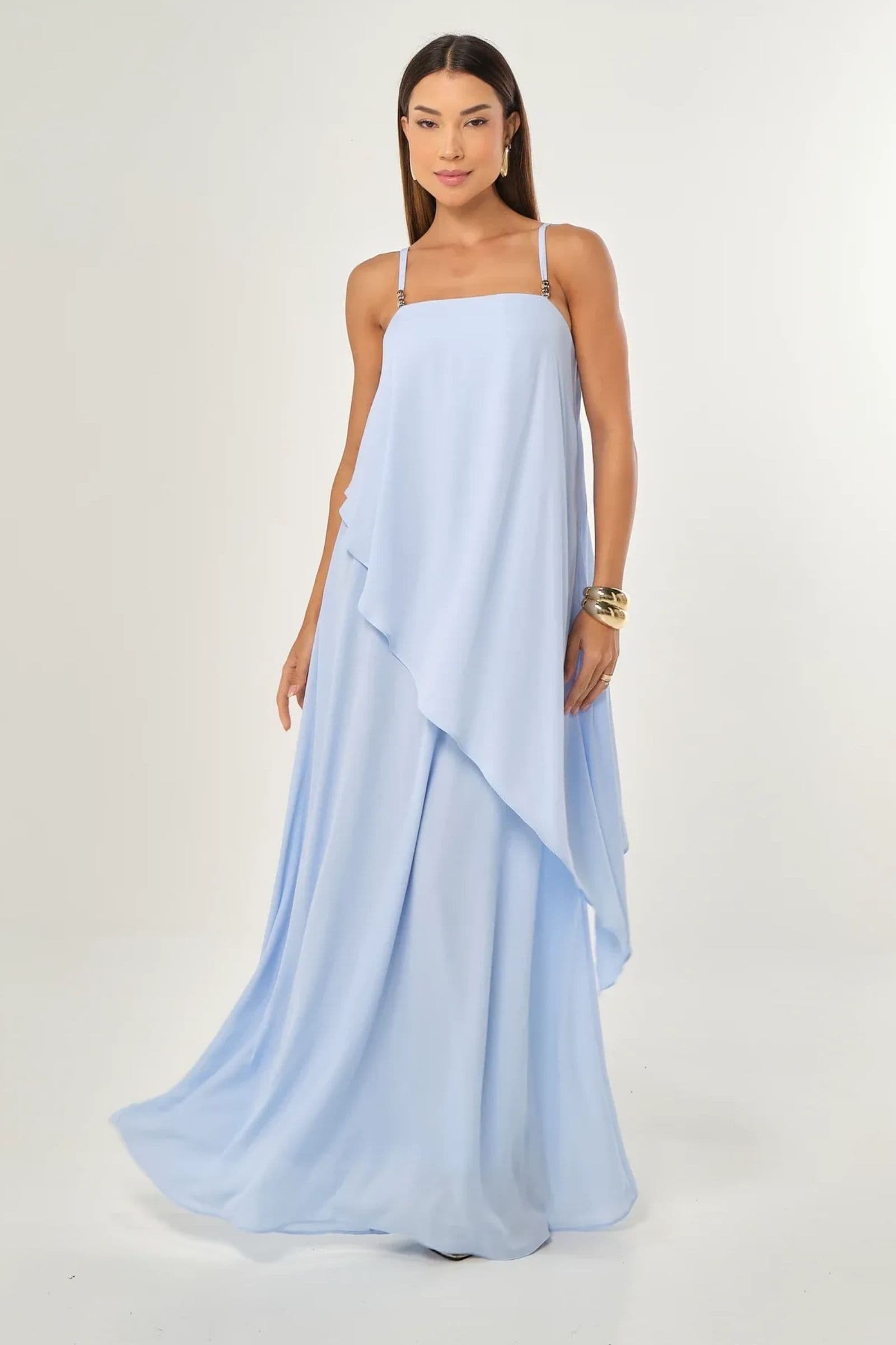 Vestido longo em ggt com assimétrico superior